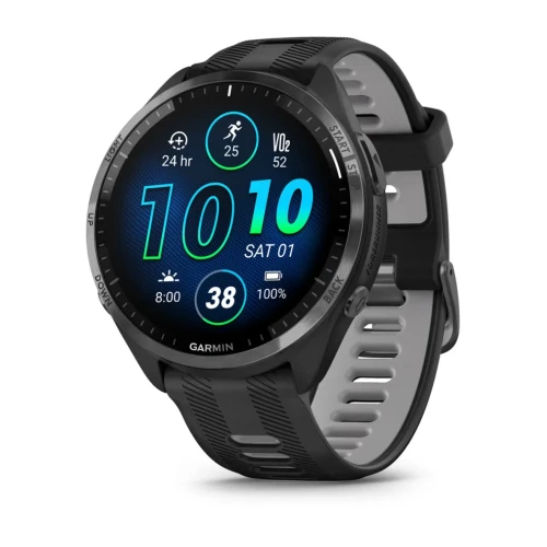 Garmin Forerunner 965 - Szara ramka tytanowa z powłoką węglową DLC z czarną kopertą i czarnym/jasnoszarym silikonowym paskiem [010-02809-10]