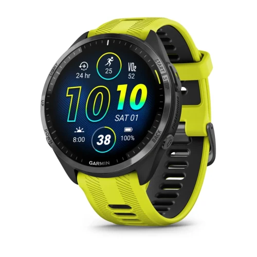 Garmin Forerunner 965 - Szara ramka tytanowa z powłoką węglową DLC z czarną kopertą z jaskrawożółtym/czarnym silikonowym paskiem [010-02809-12]