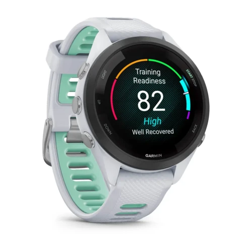 Garmin Forerunner 265s - Czarna ramka z kopertą w kolorze mlecznego kwarcu z silikonowym paskiem w kolorze mlecznego kwarcu / mięty [010-02810-14]