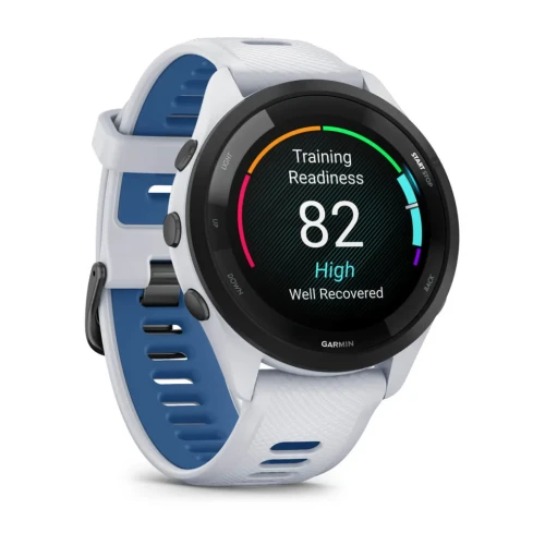 Garmin Forerunner 265 - Czarna ramka z kopertą w kolorze mlecznego kwarcu z silikonowym paskiem w kolorze mlecznego kwarcu / ciemnego błękitu [010-02810-11]