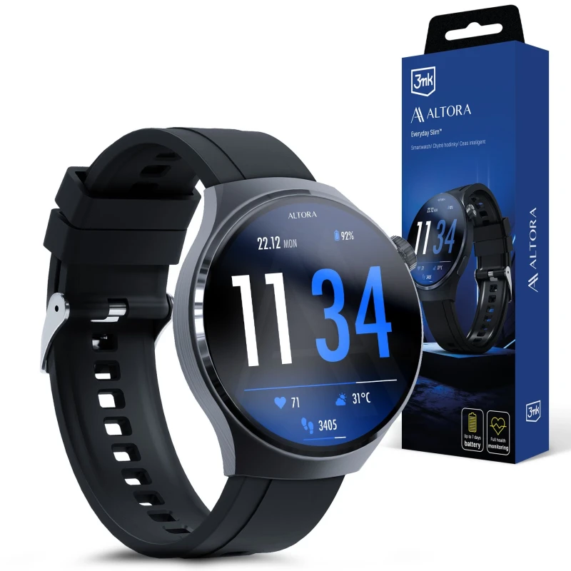 3mk Altora Everyday Slim – elegancki smartwatch z ekranem 1.39" (360×360 px, 60Hz). Monitoring zdrowia 24/7: tętno, sen, SpO2, cykl menstruacyjny.